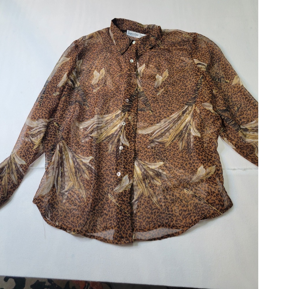 Superline Sheer Leopard Feather Print Button Up Blouse Brown Tan XXL